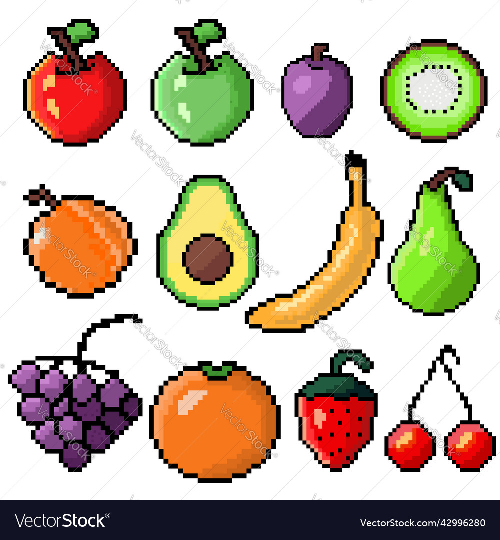 Fruits pixel art collection graphics Royalty Free Vector