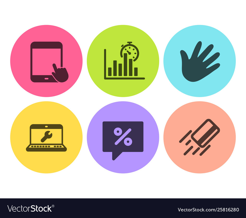 Hand discount message and report timer icons set vector image Hand discount message and report timer icons set