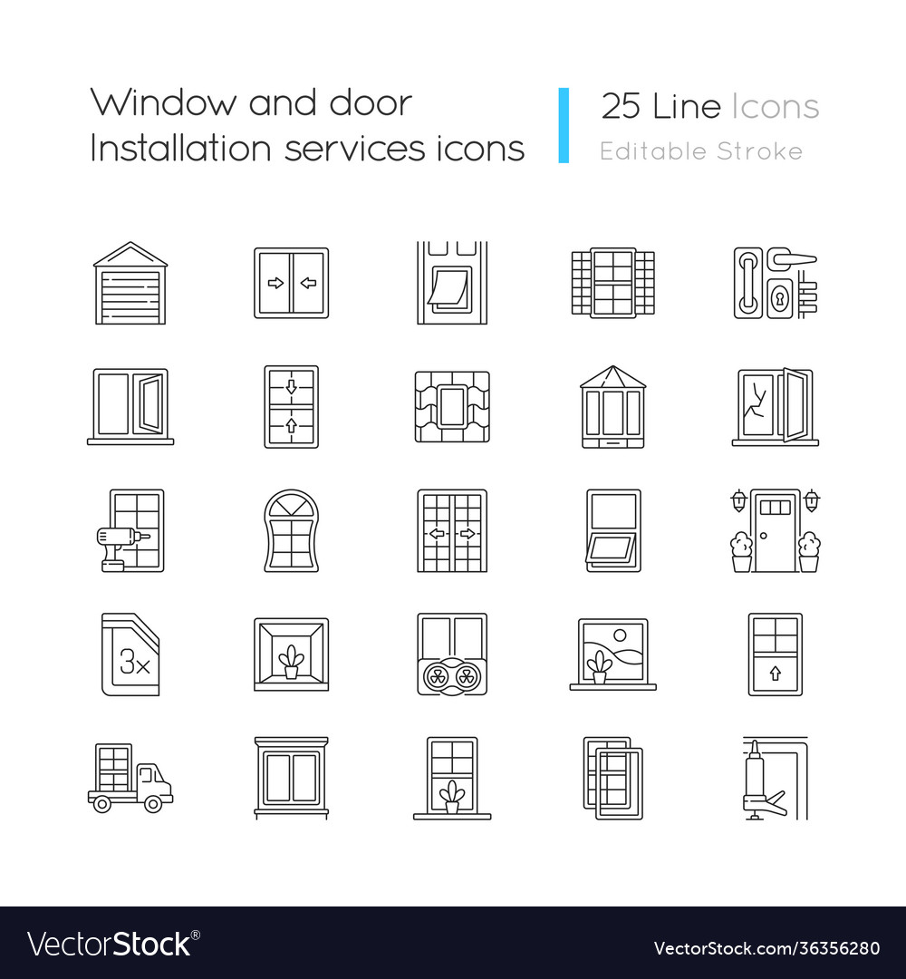 Window and door installation service linear icons vector image Window and door installation service linear icons