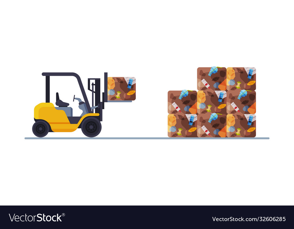 Forklift packaging garbage into stacks waste