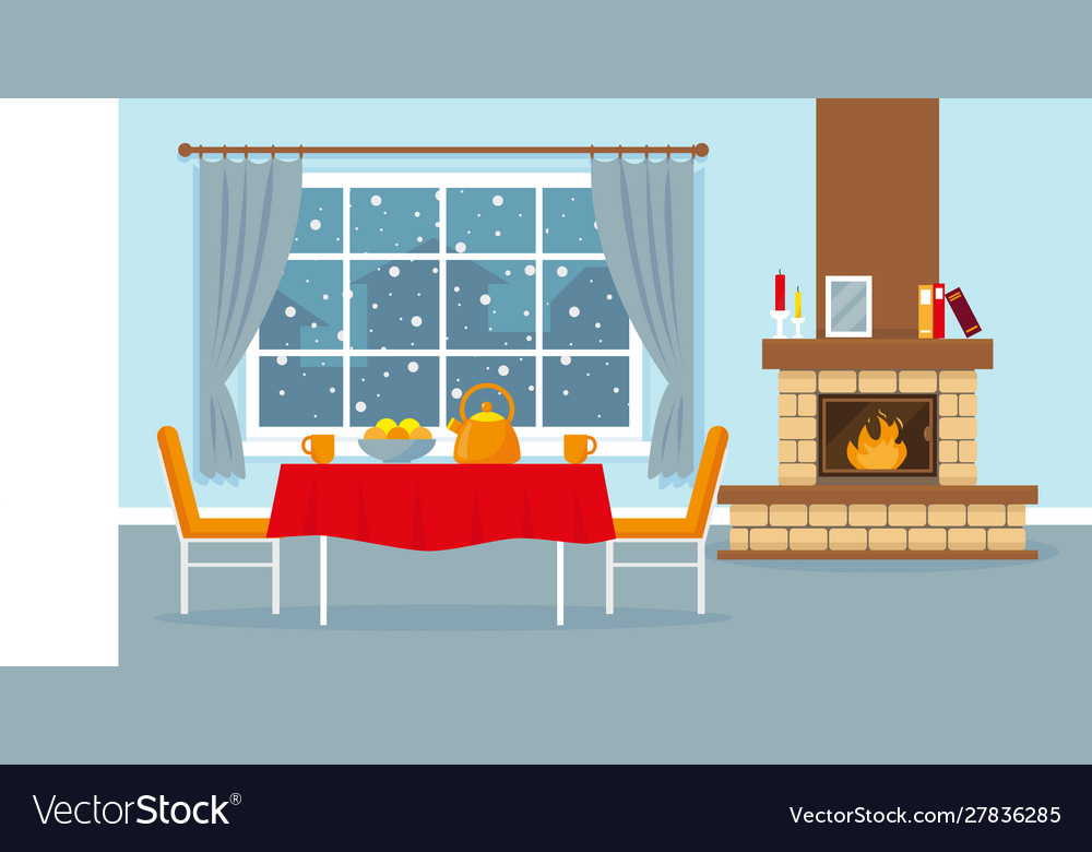 Living room with fireplace window and table Vector Image