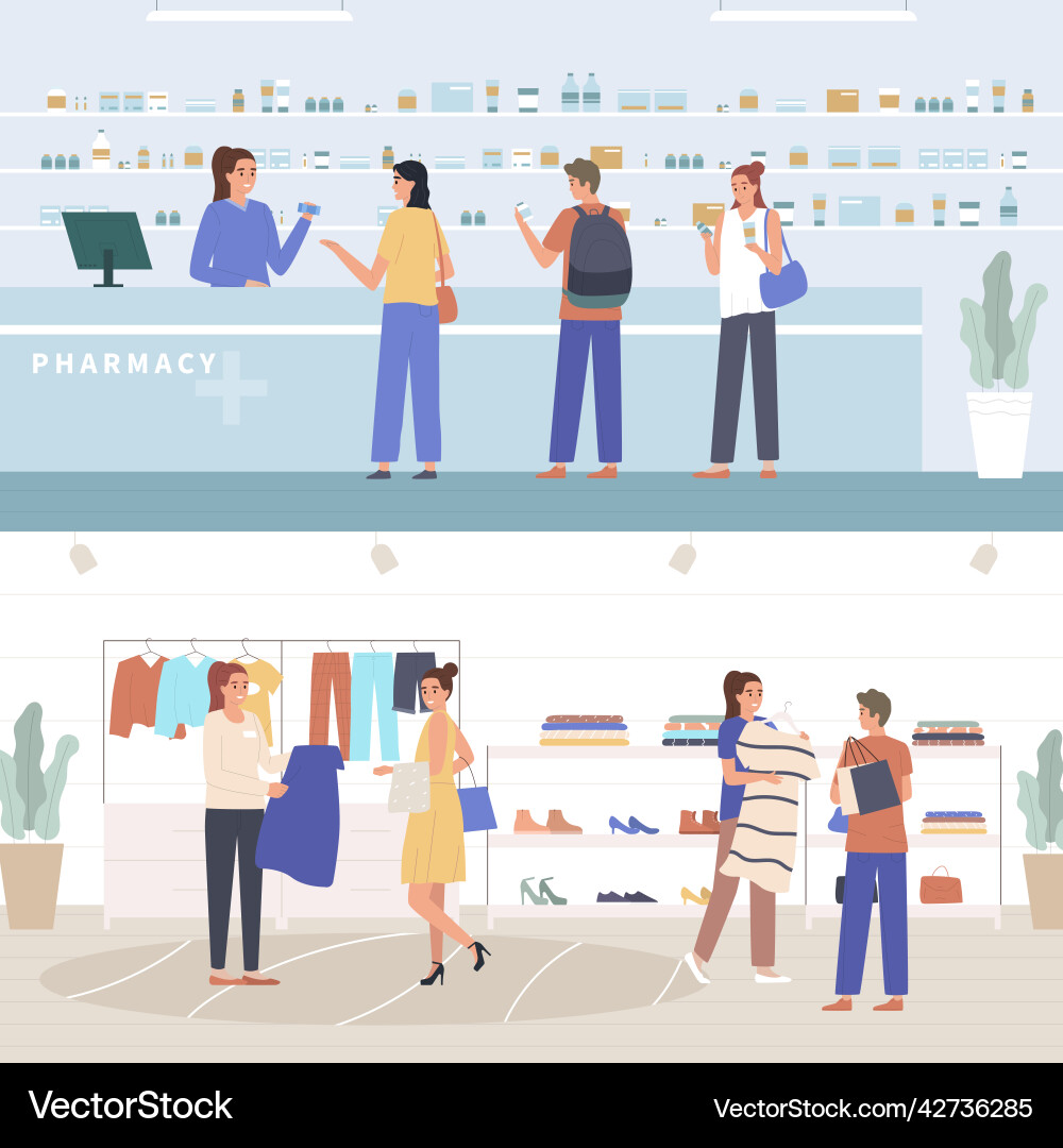Retail sellers and customers flat banners Vector Image