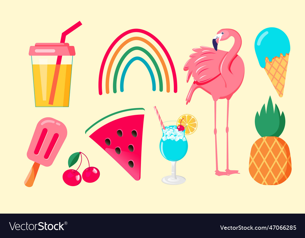 Set of summer icons food drinks fruits