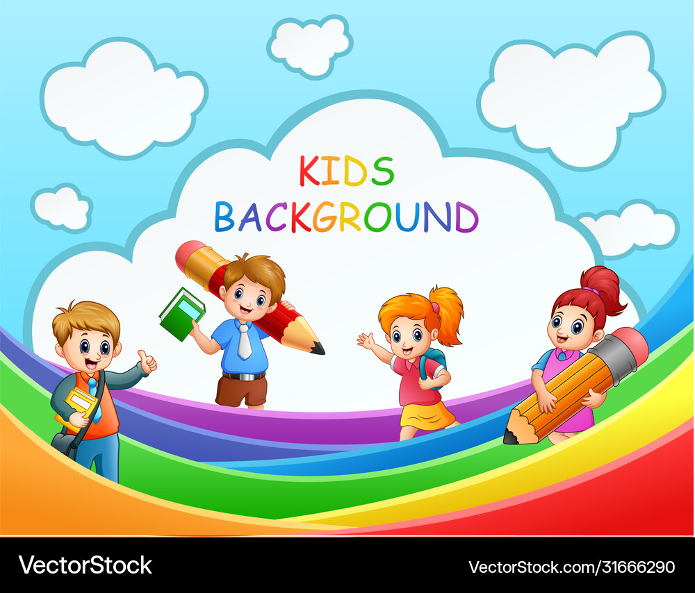 Four school kids over rainbow Royalty Free Vector Image