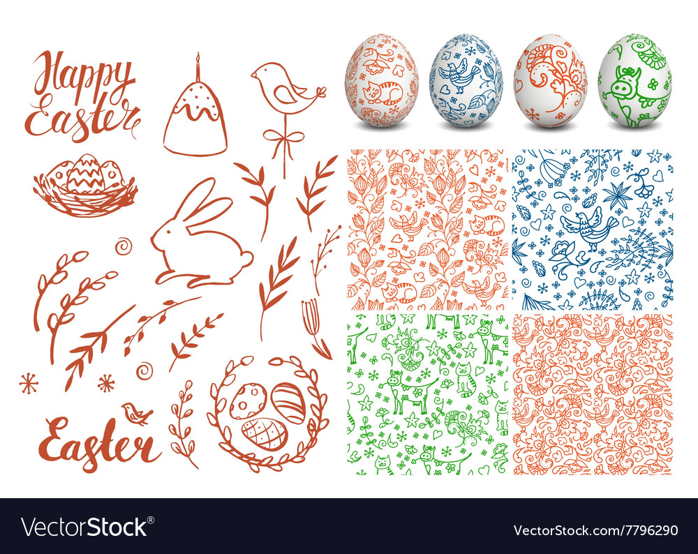 Set of easter hand drawn elements folk seamless
