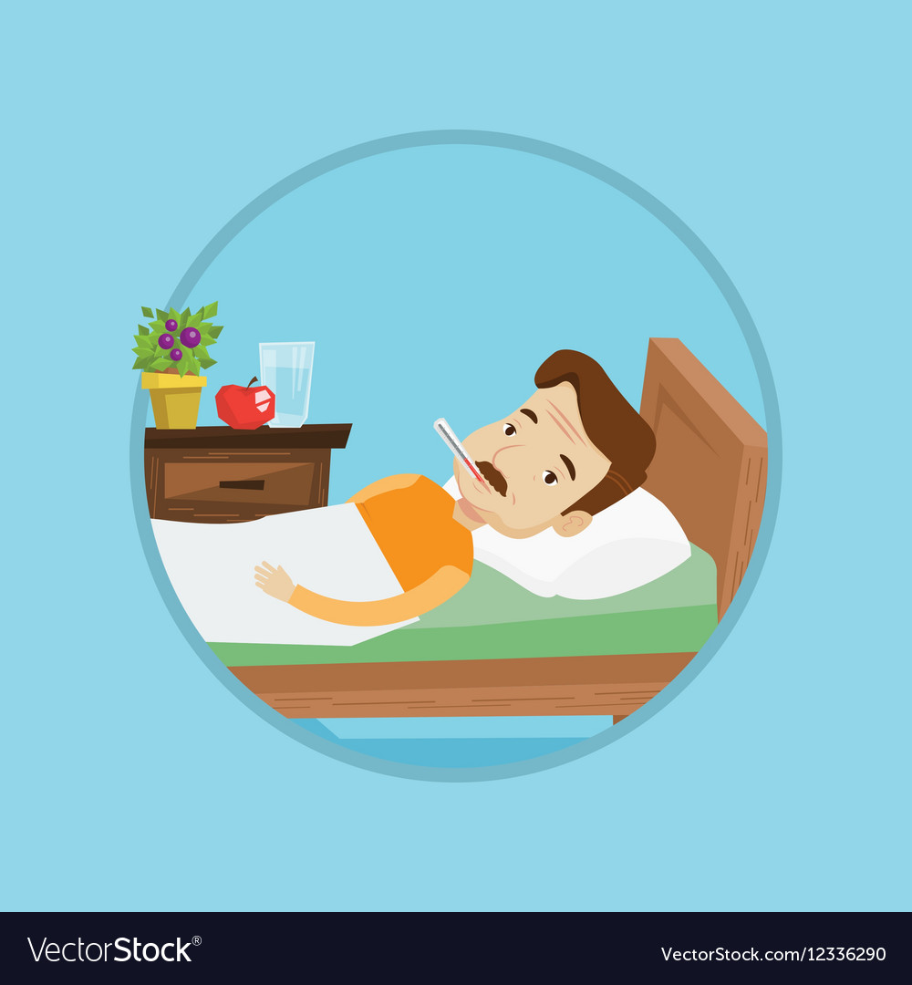 Sick man with thermometer laying in bed Royalty Free Vector