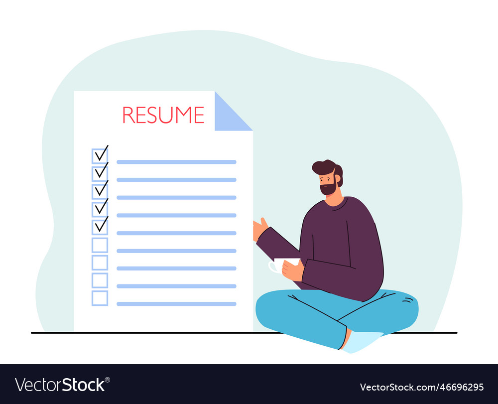 Man sitting next to huge resume flat Royalty Free Vector