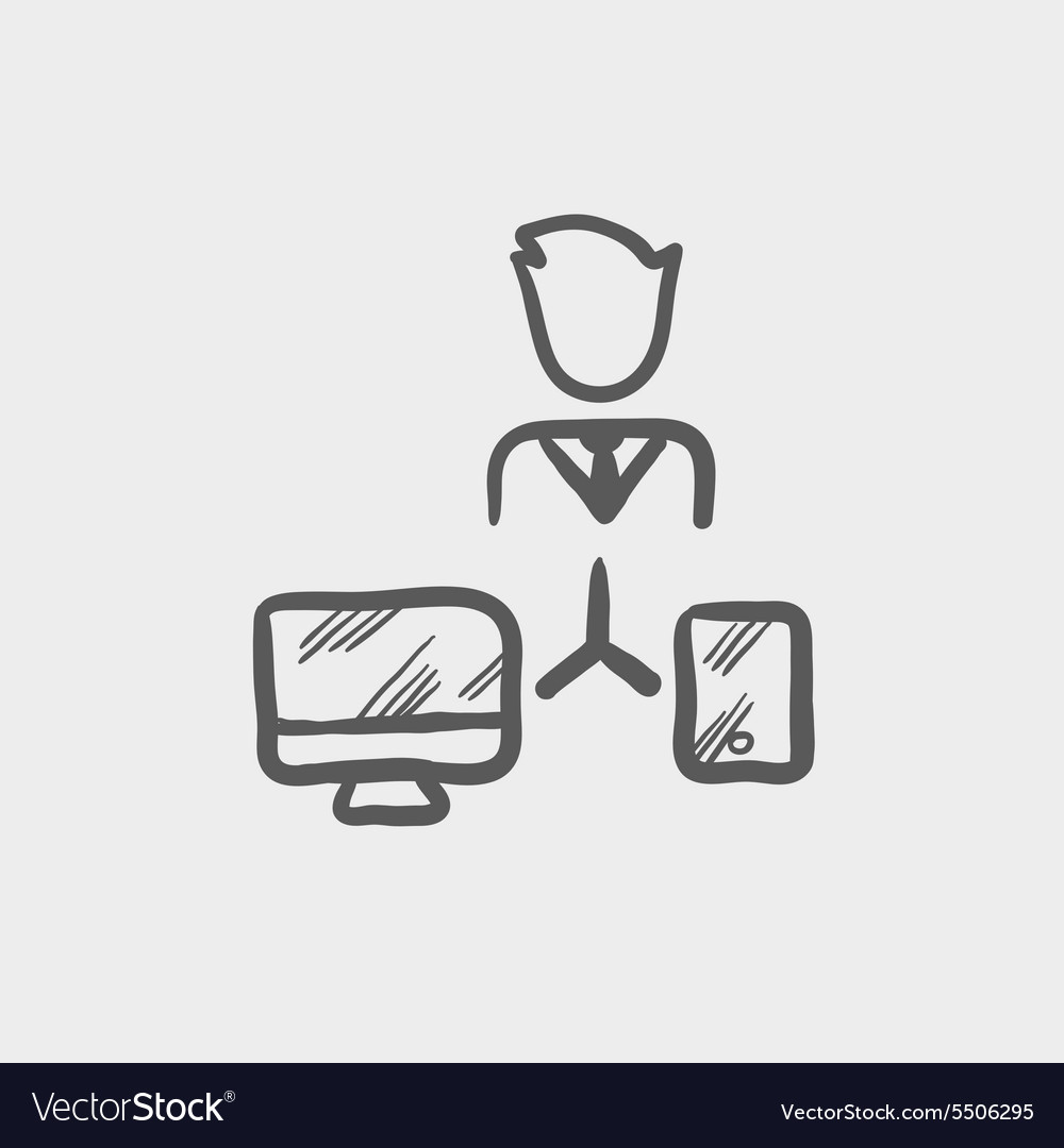 Mann mit Computer-Set Skizzen-Symbol