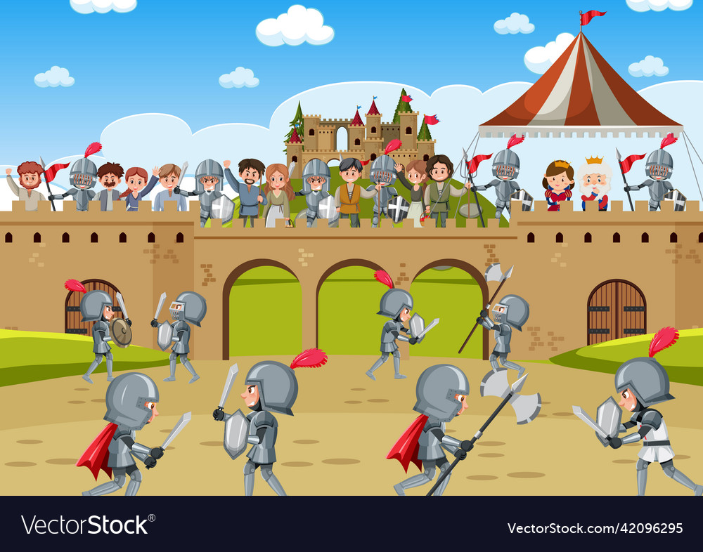 Medieval scene with knights and villagers Vector Image