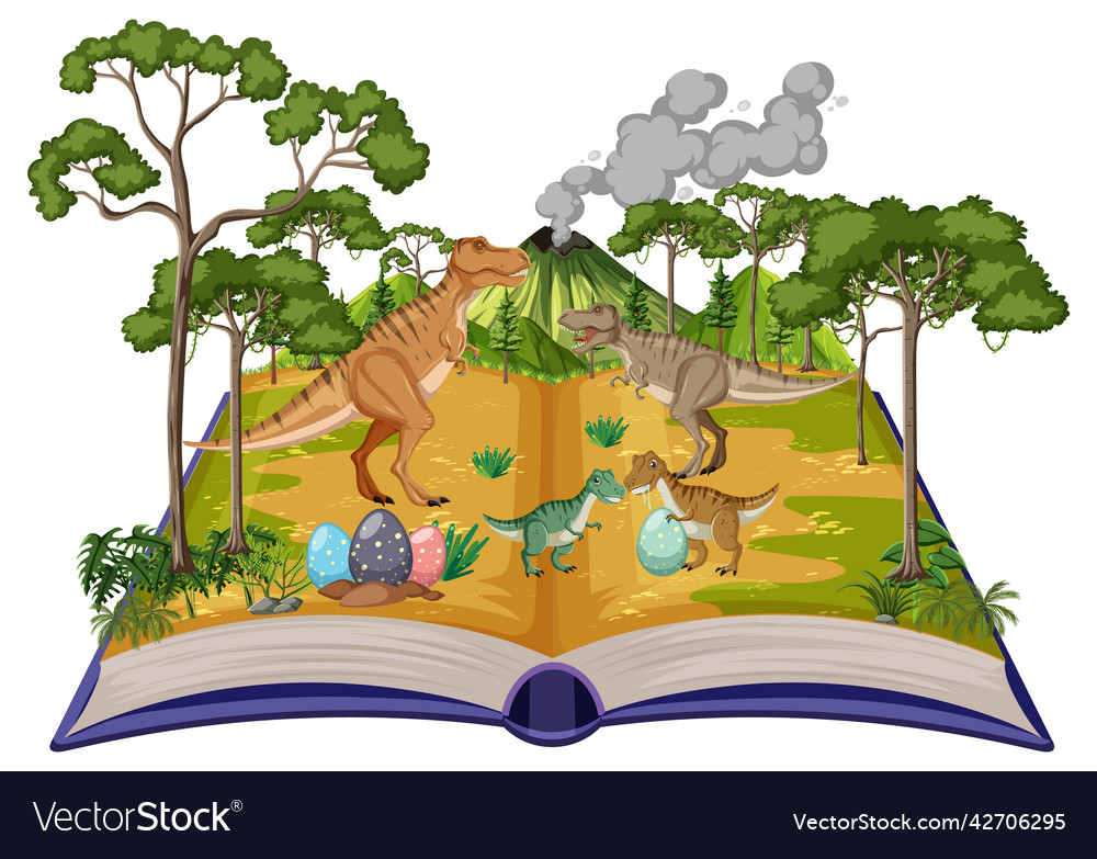 Opened book with various dinosaurs in the forest vector image Opened book with various dinosaurs in the forest