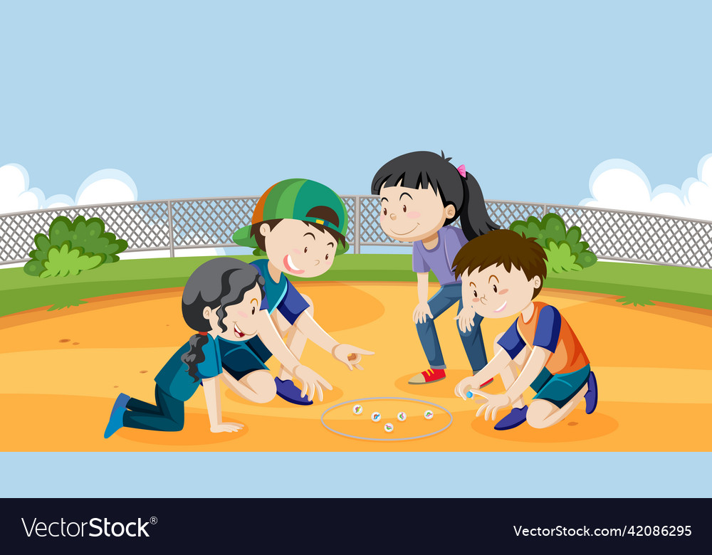 Outdoor park with children playing marbles