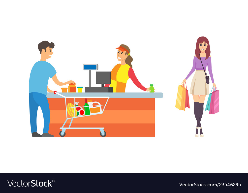 Supermarket cashier and customers shop Royalty Free Vector