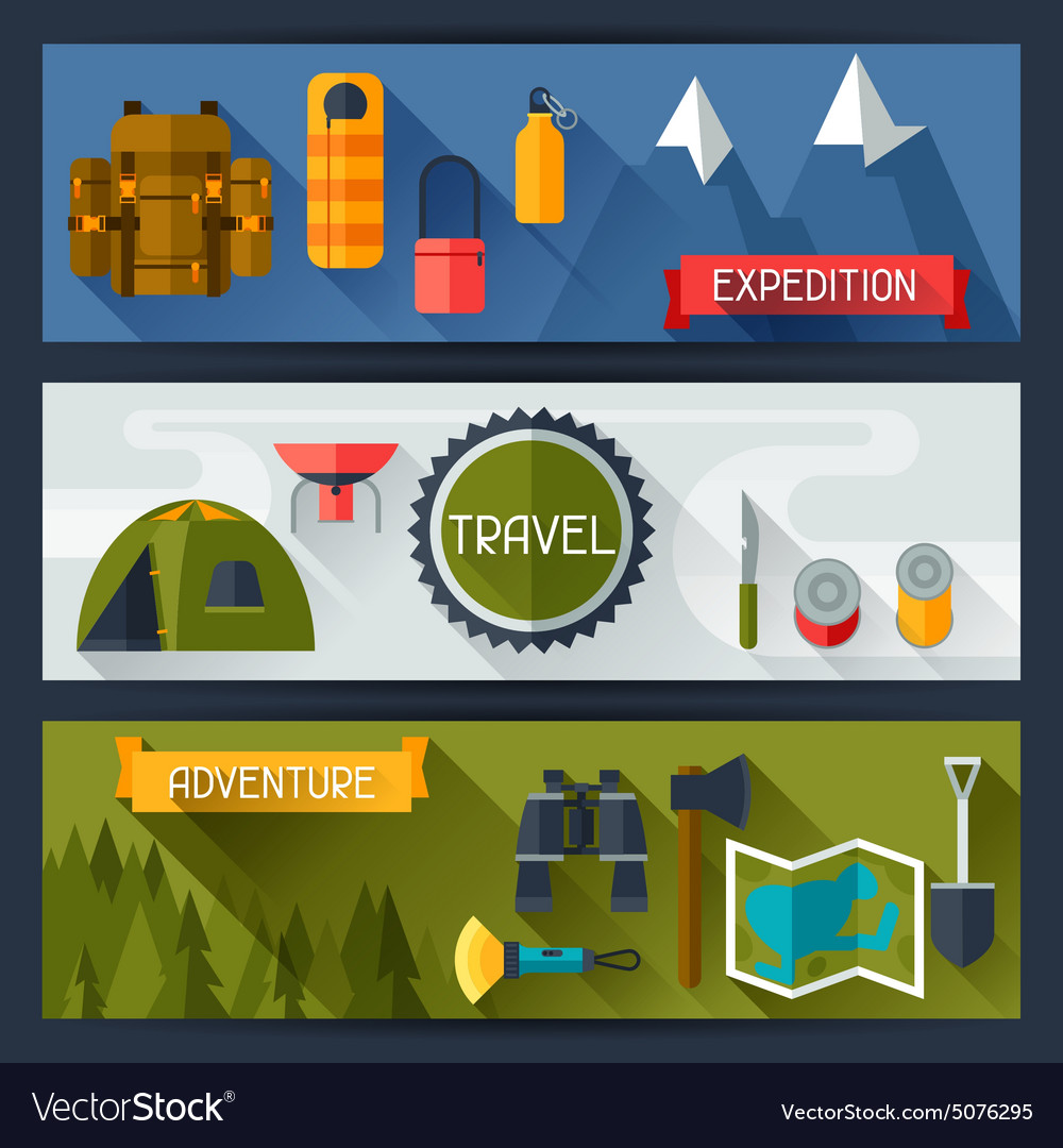 Tourist banners with camping equipment in flat