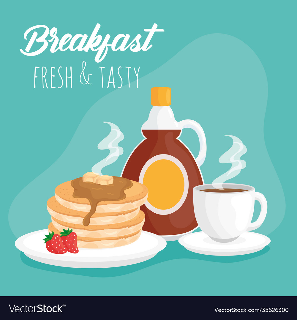 Breakfast pancakes with syrup bottle and coffee Vector Image