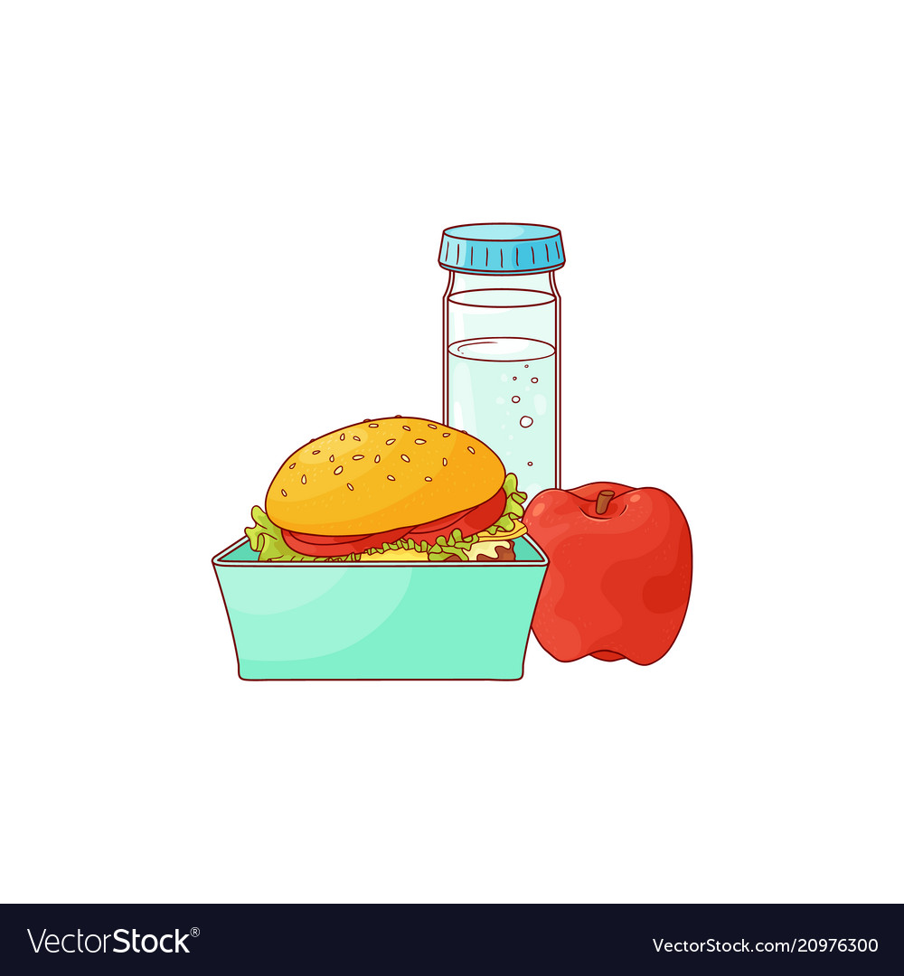 Lunch food box with hamburger apple and bottle