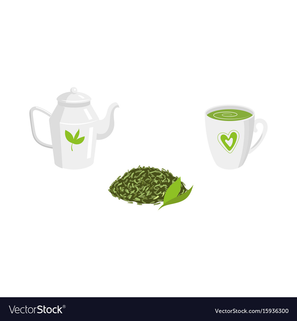 Set - green leaf tea teapot mug