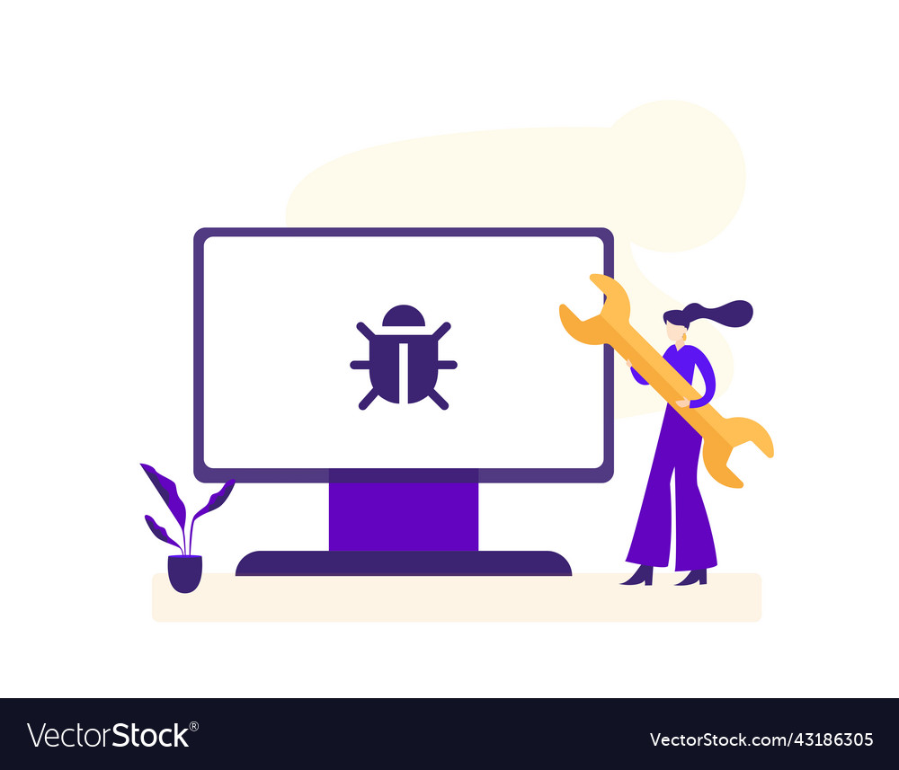 Computer bug on screen flat design vector image Computer bug on screen flat design
