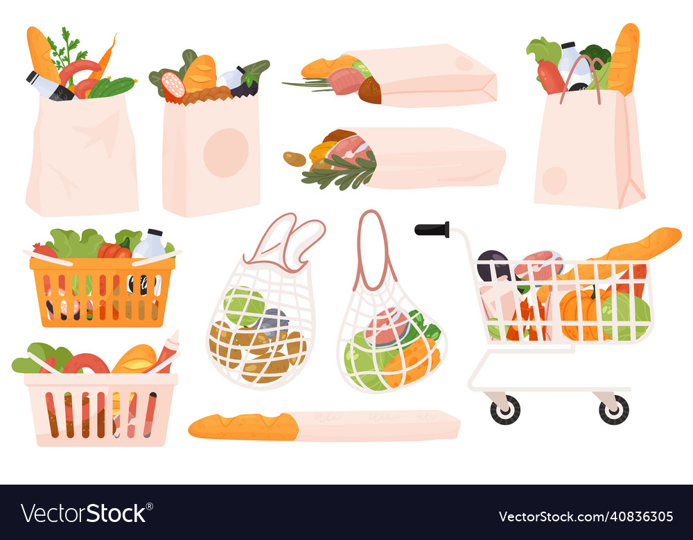 Grocery food products set paper bag basket