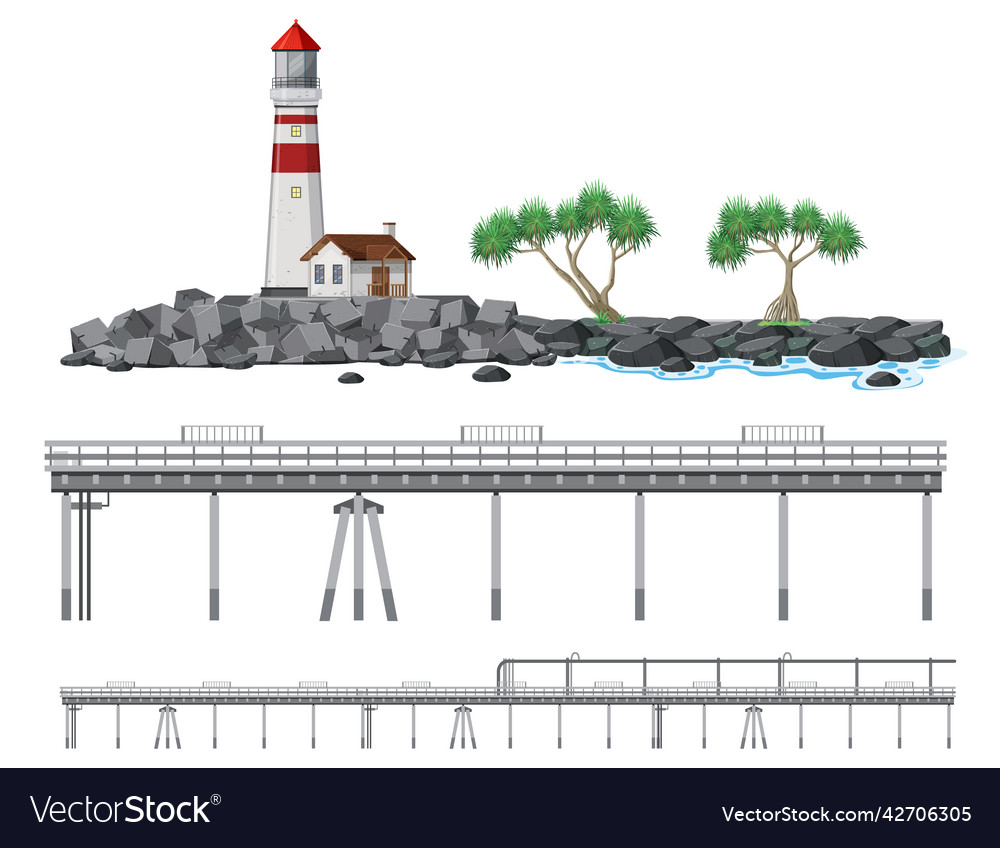 Set of beach coast objects and elements vector image Set of beach coast objects and elements