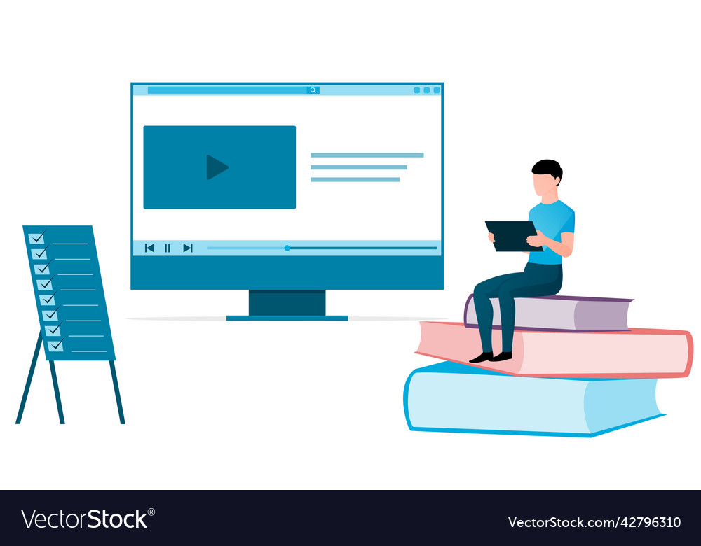 Online study concept with books computer and task