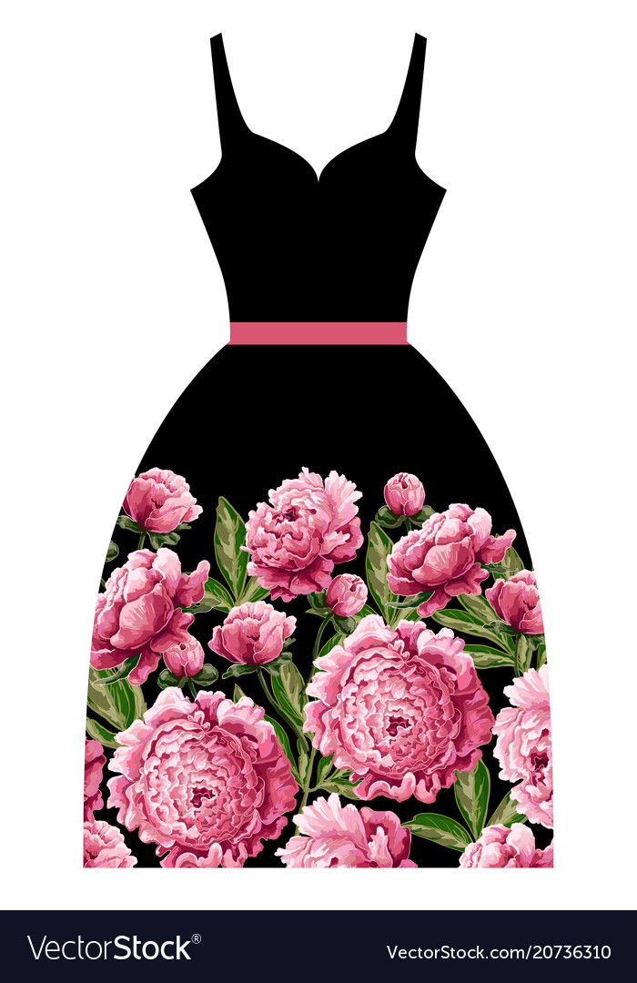 Print for dress with pink peonies flowers