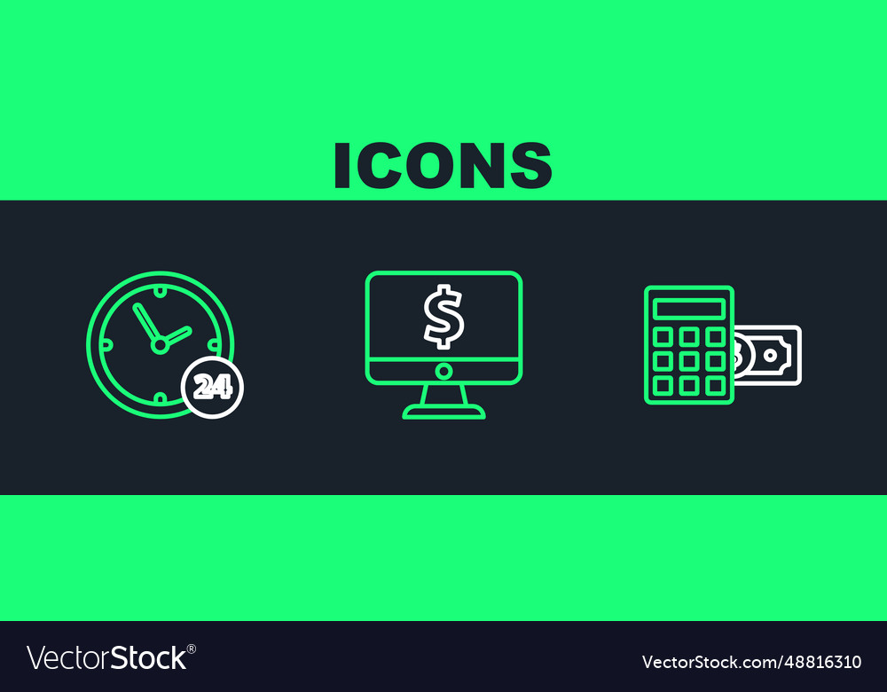 Set line calculator with dollar symbol clock 24 vector image Set line calculator with dollar symbol clock 24