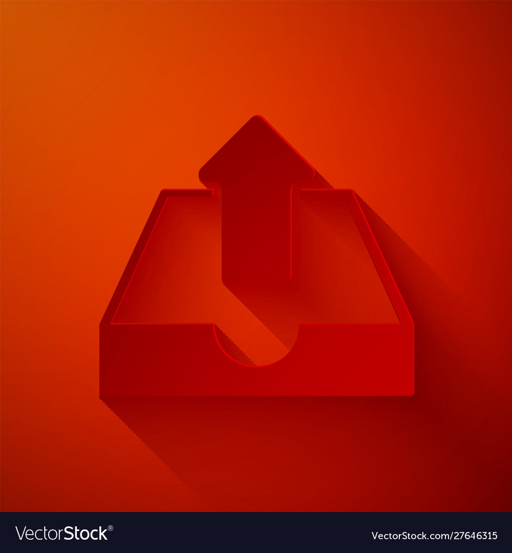 Papier schneiden Upload-Inbox-Symbol isoliert auf rot