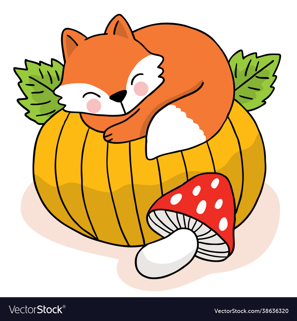 Cartoon cute hand draw fox sleep on big pumpkin