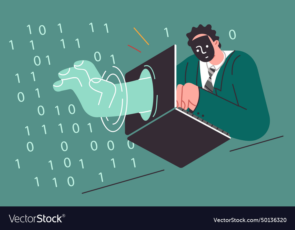 Man hacker penetrates protected space by sticking vector image Man hacker penetrates protected space by sticking