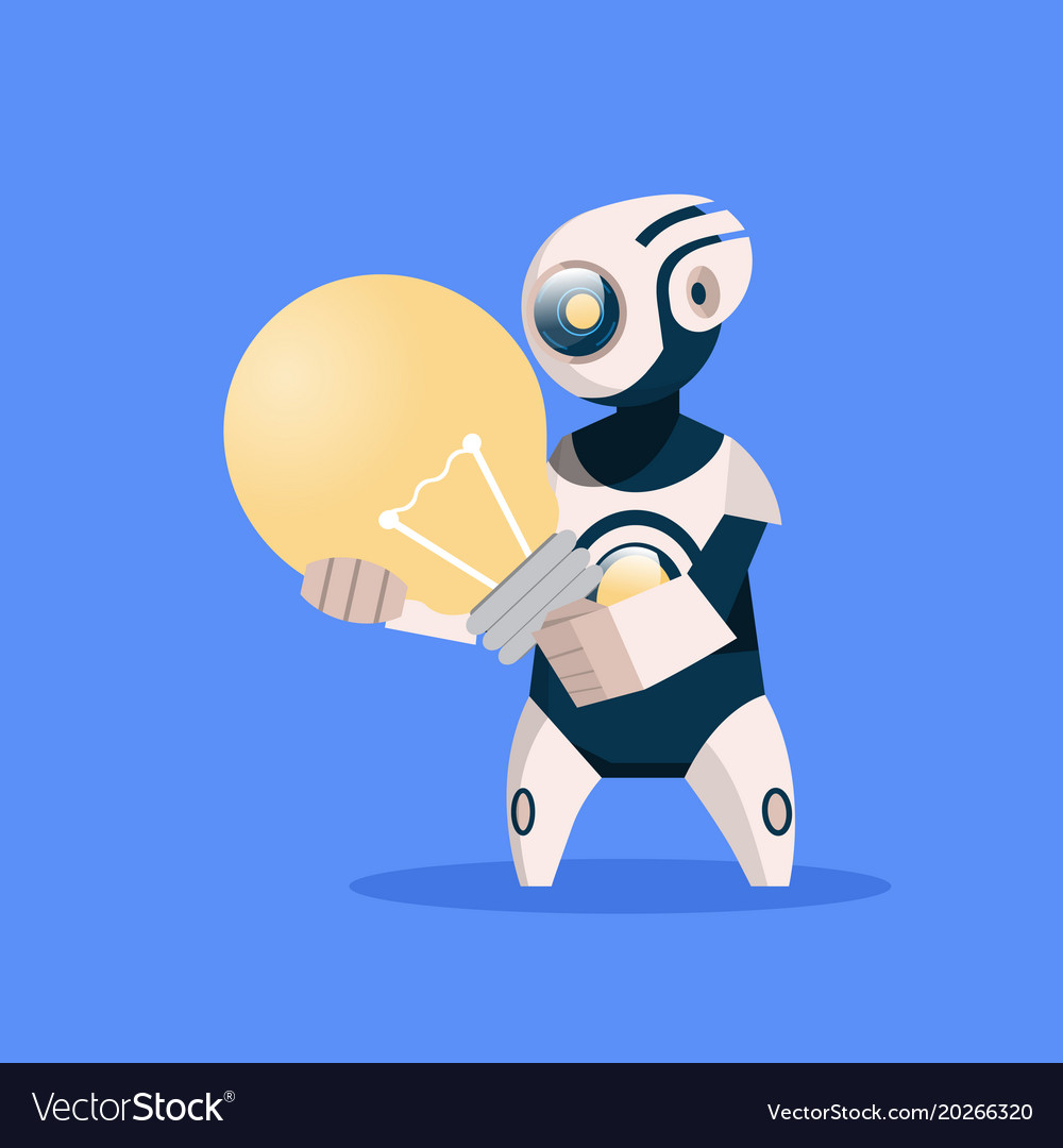 Robot hold light bulb cyborg isolated on blue