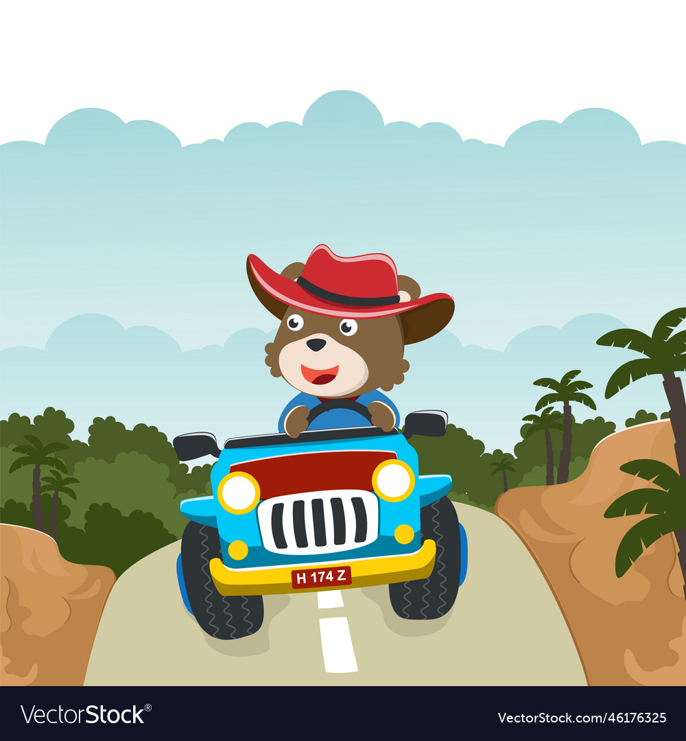 Cute bear cartoon having fun driving off road car