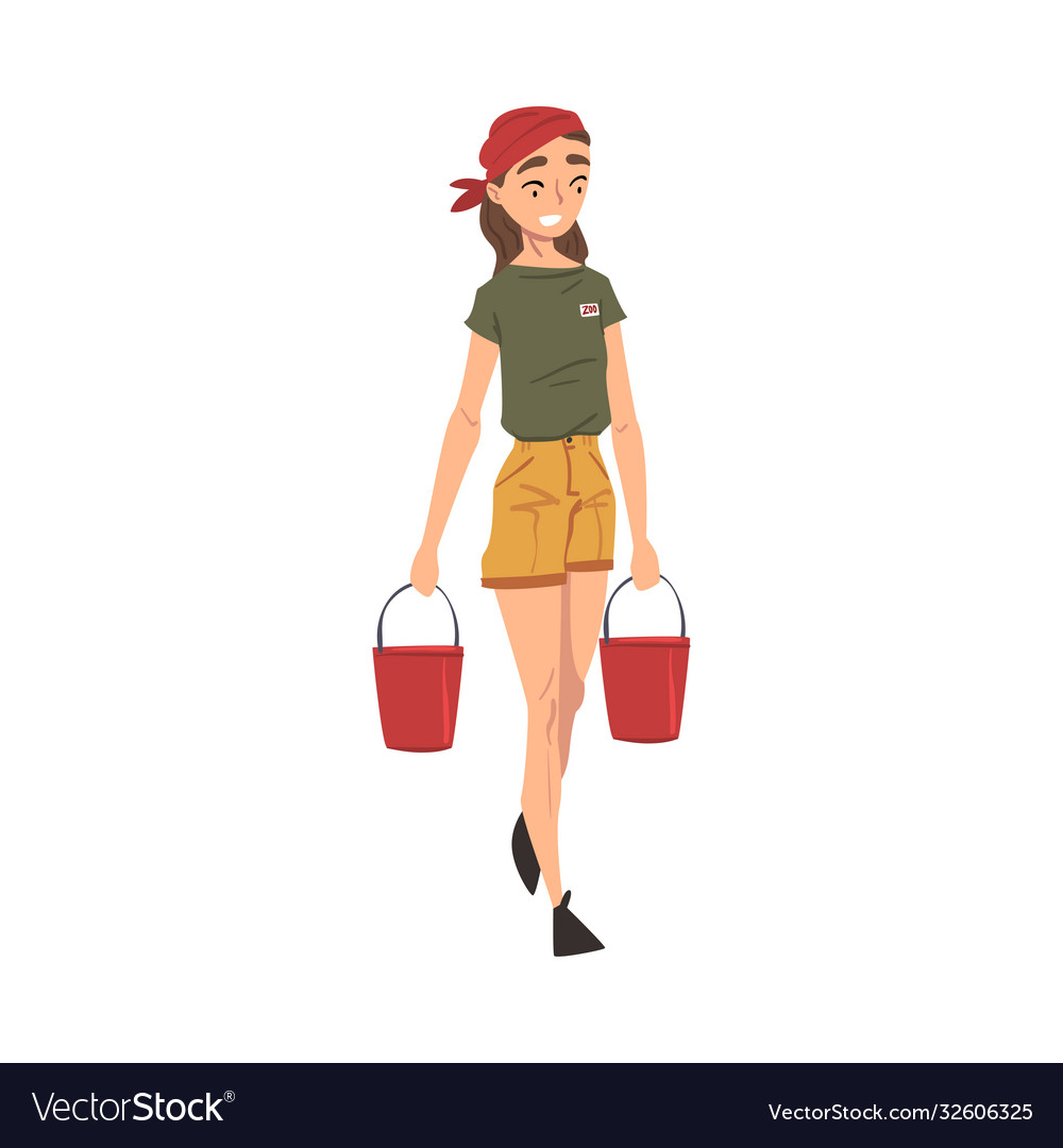 Female zoo worker carrying two buckets water