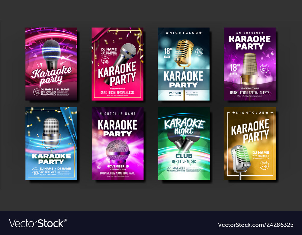 Karaoke Poster Set Mic Design Disco Royalty Free Vector