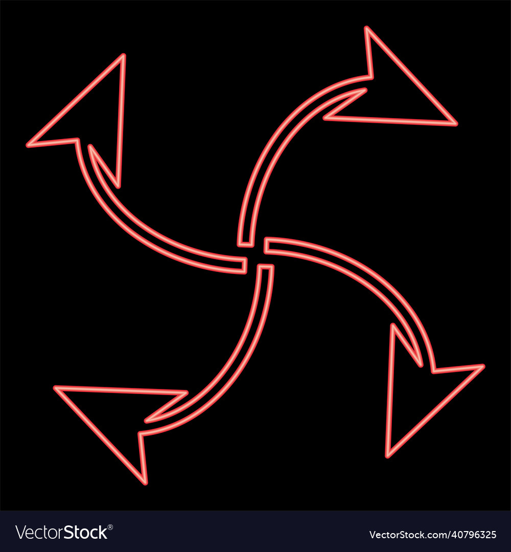 Neon four arrows loop from center red color image vector image Neon four arrows loop from center red color image