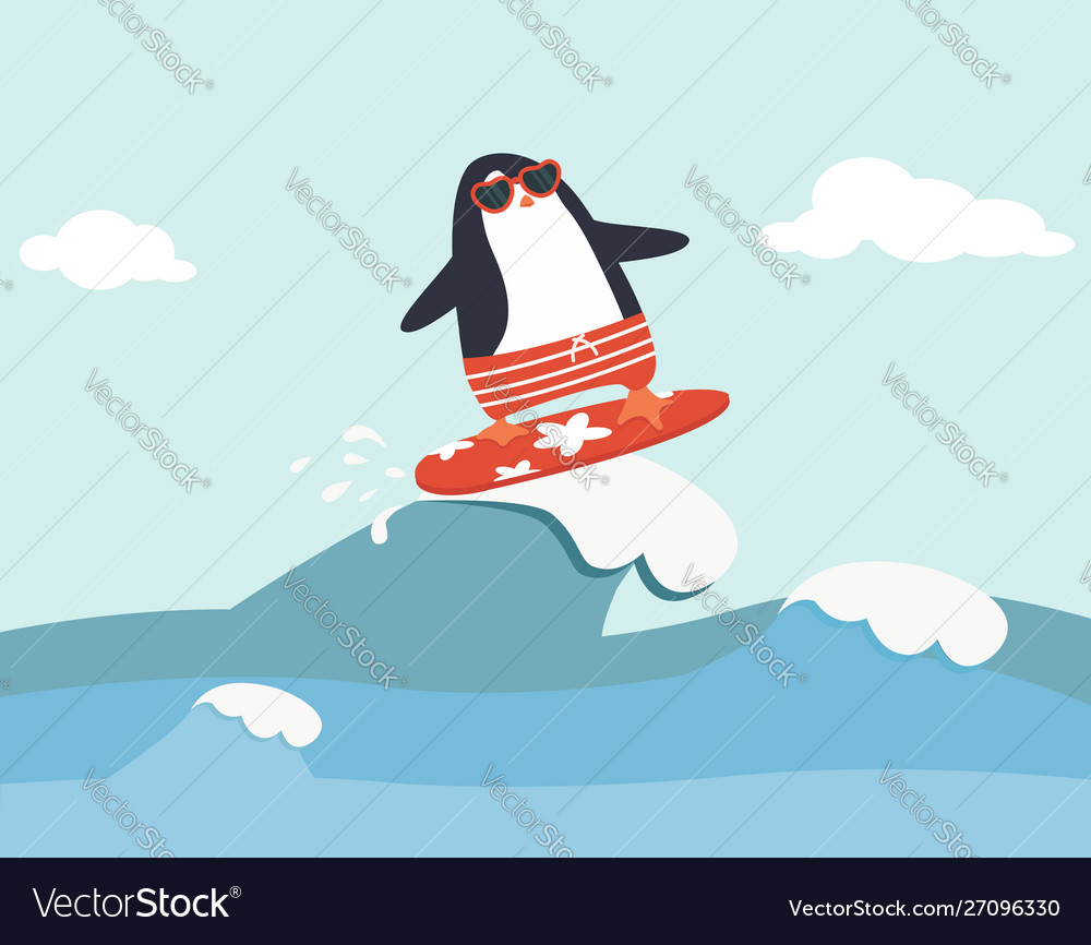 Cute penguin surfing waves