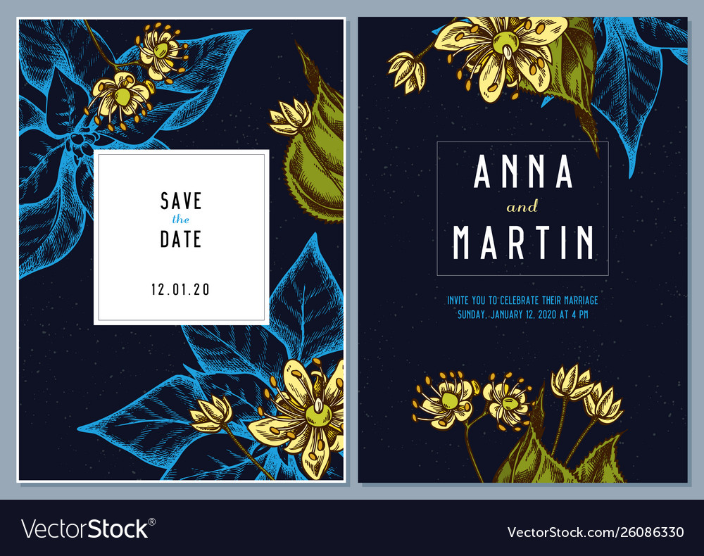 Dark wedding invitation card with colored tilia