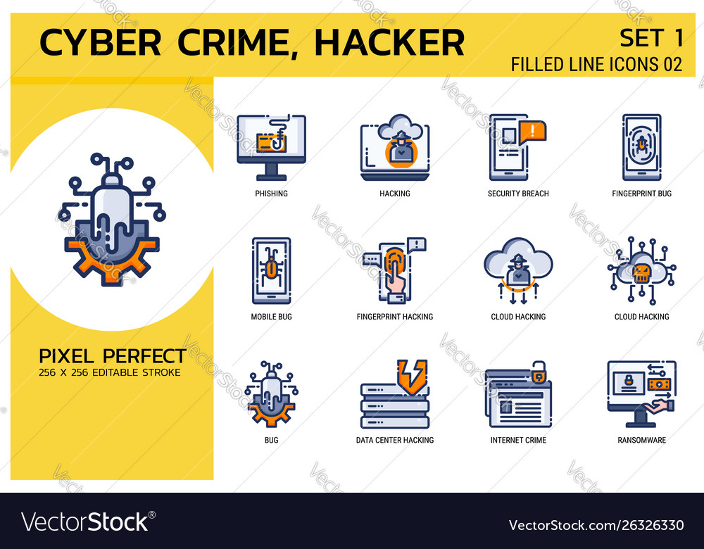 Filled line icons style hacker cyber crime attack