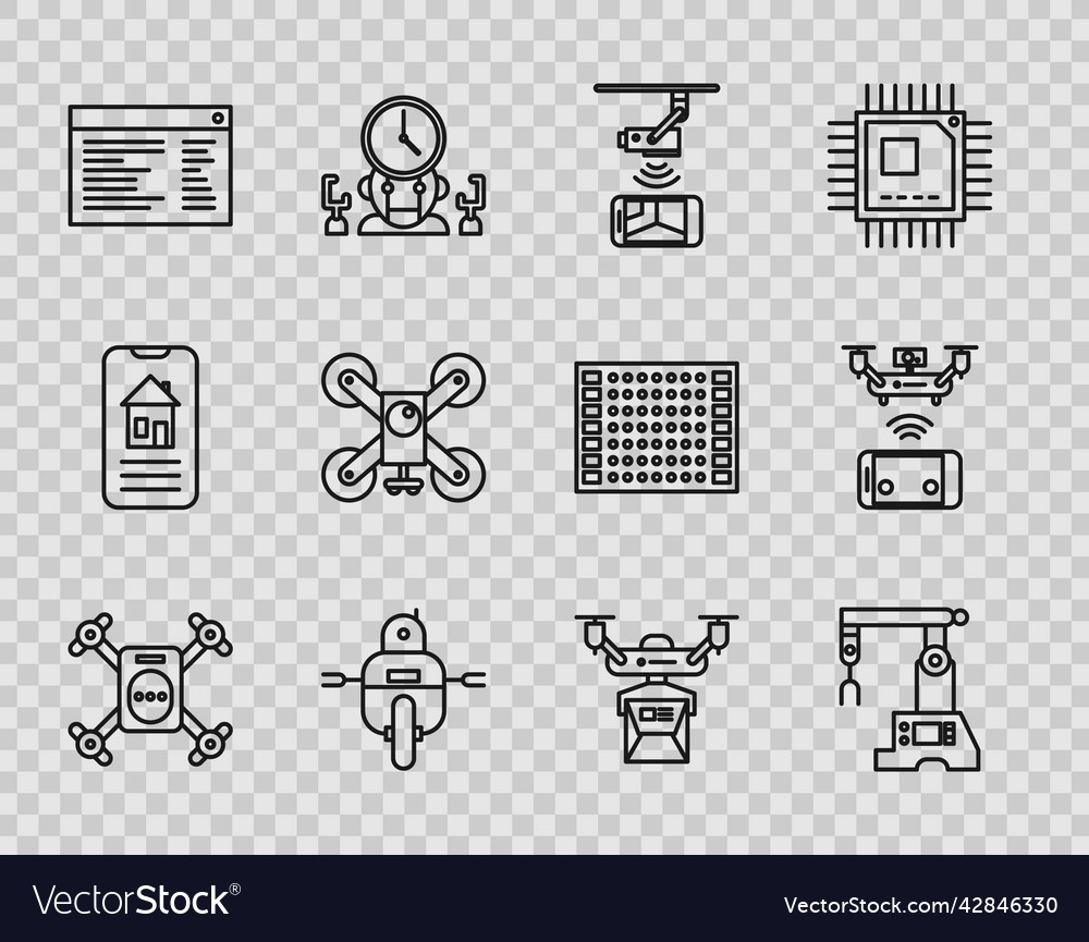 Set line drone flying with action camera assembly vector image Set line drone flying with action camera assembly