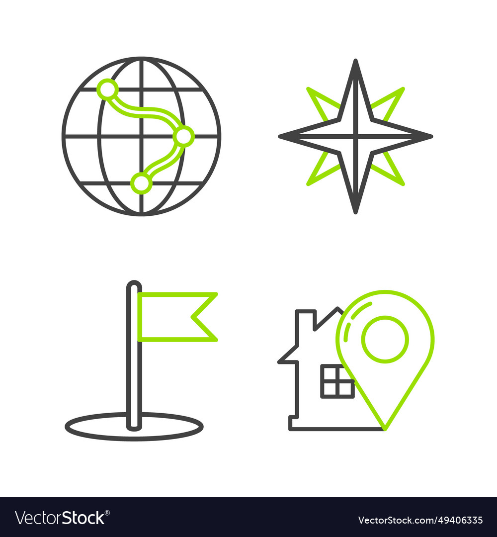 Set line map pointer with house flag wind rose vector image Set line map pointer with house flag wind rose