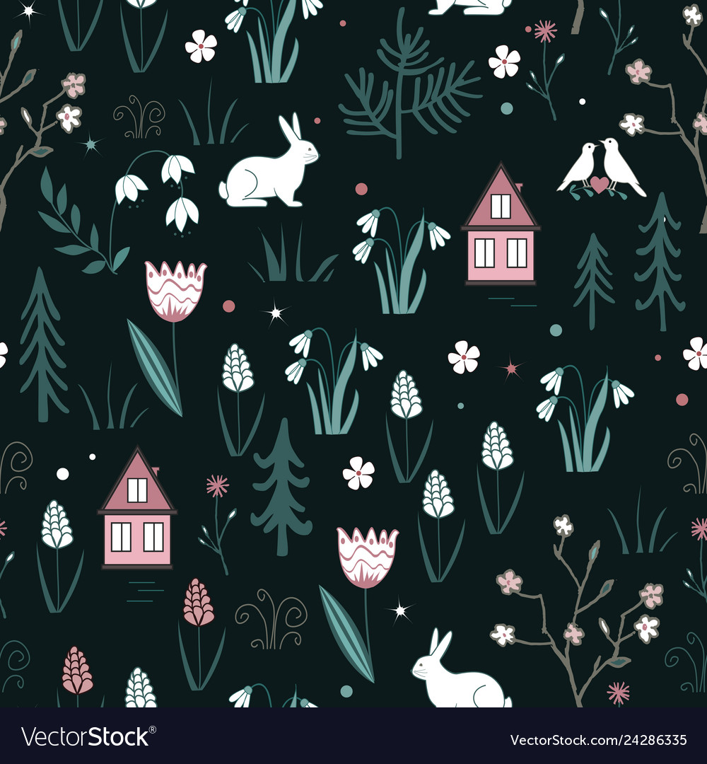 Spring forest seamless pattern with rabbits birds vector image Spring forest seamless pattern with rabbits birds