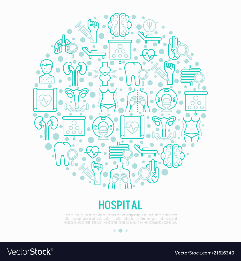 Hospital concept in circle with thin line icons