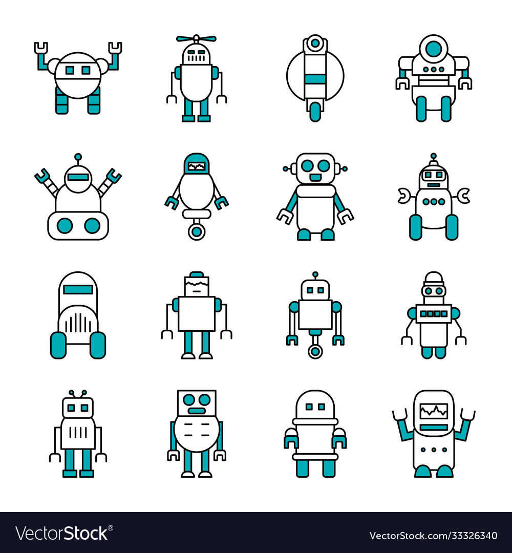 Robots with wheels and robotics icon set half vector image Robots with wheels and robotics icon set half