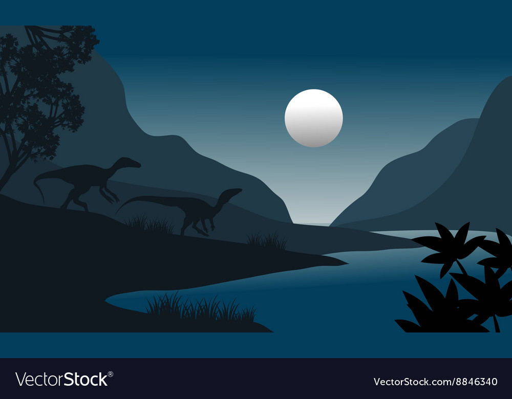 Silhouette of eoraptor in riverbank