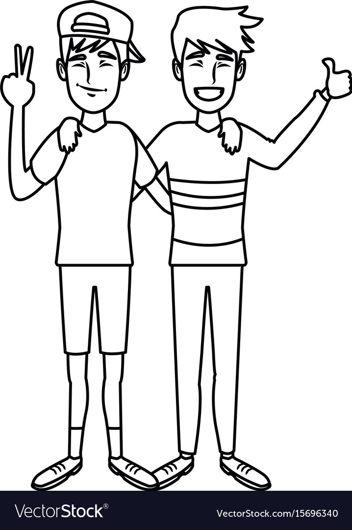 Two boys smiling hugging and waving their hands Vector Image