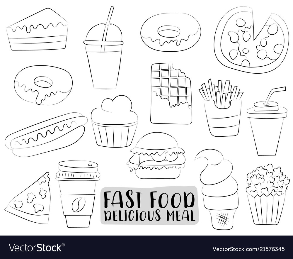 Fast food cartoon icons and objects set black Vector Image