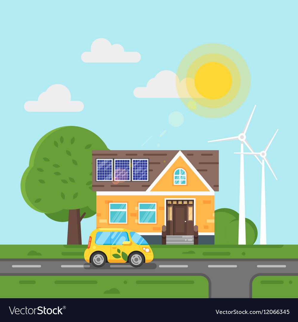 Flat style of electric car and house with solar