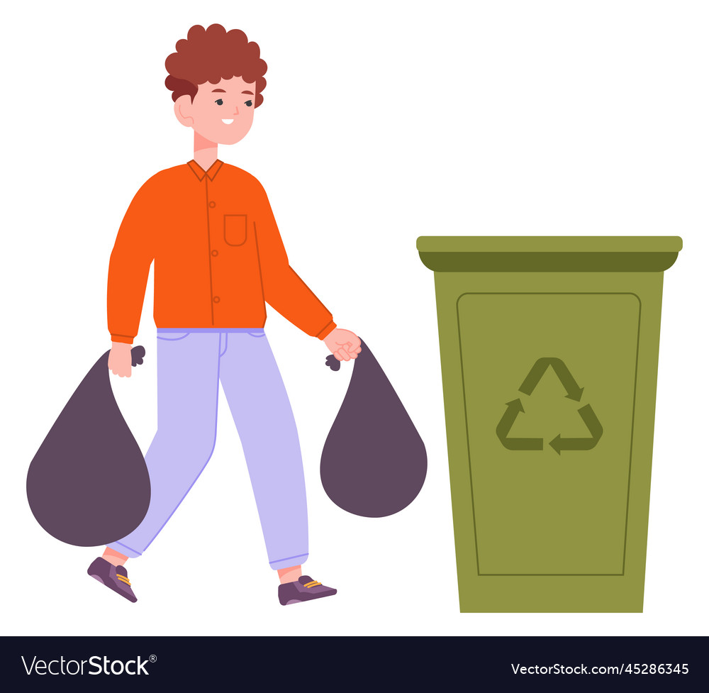Kid throwing garbage boy carrying trash bags vector image Kid throwing garbage boy carrying trash bags