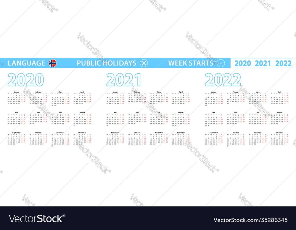 Einfache Kalendervorlage in Norwegisch für 2020