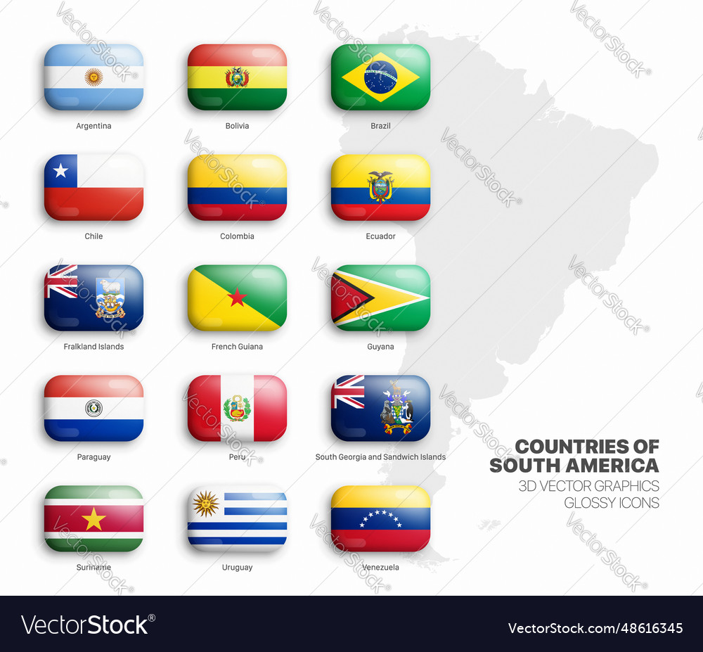 South America Countries Flags 3d Round Glossy Vector Image