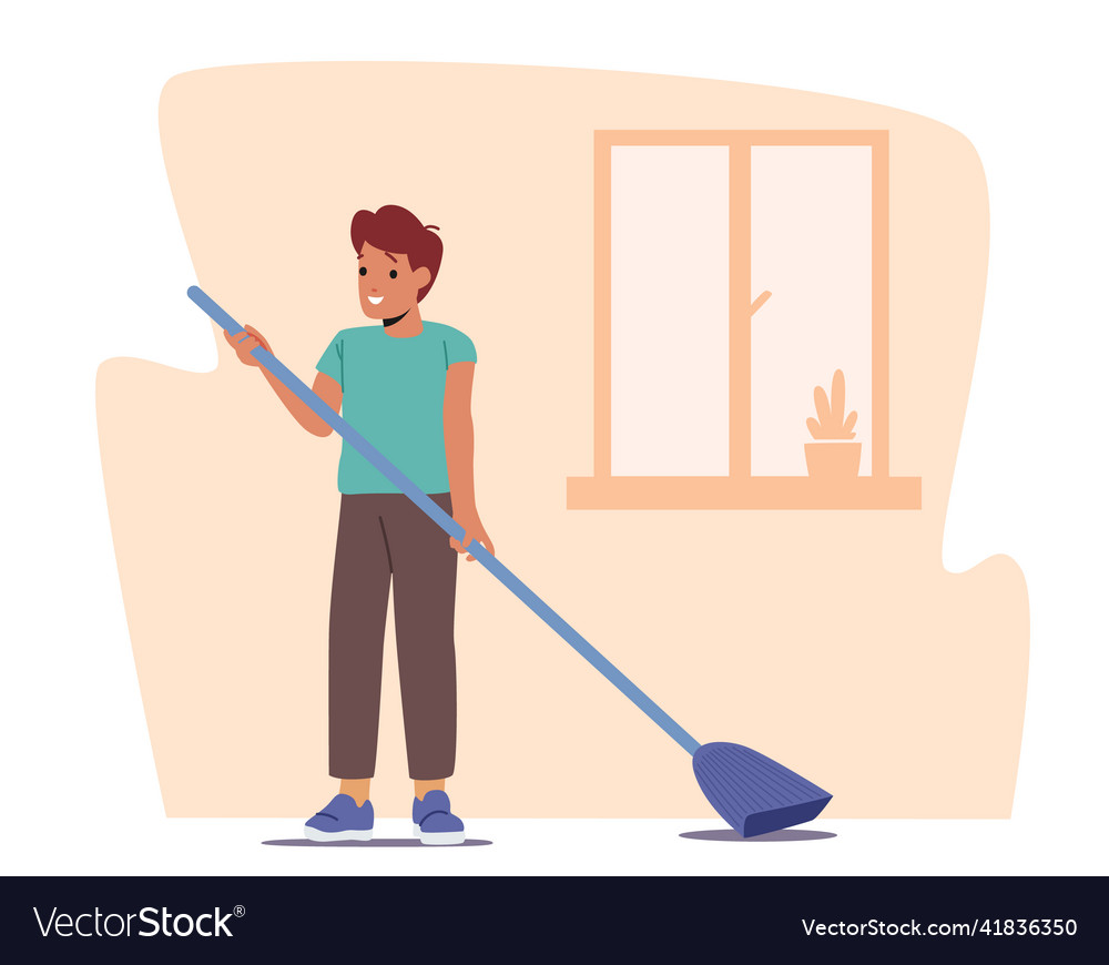 Boy sweeping floor with broom child character